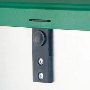 Close-up of a Metal and plastic bird feeder with green base and top on a white background