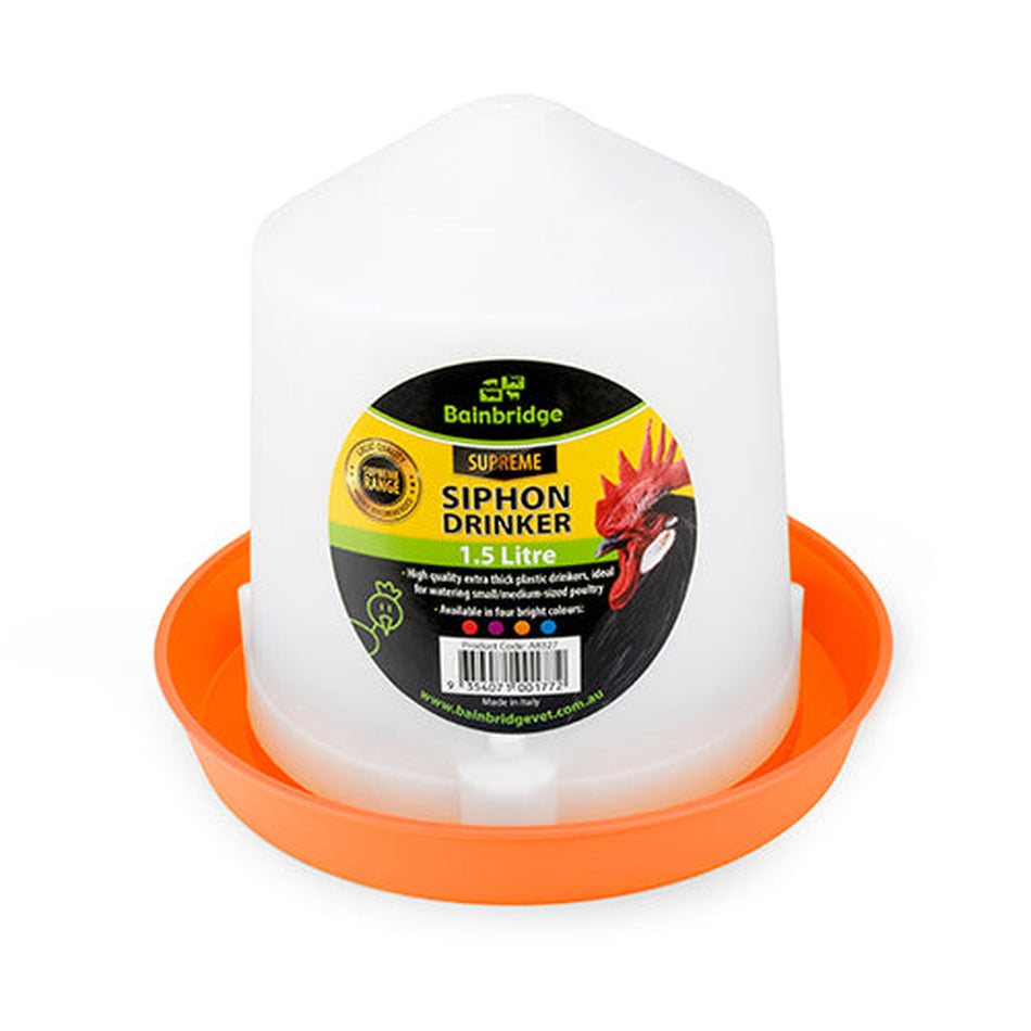 Poultry Drinker Siphon Straight Animal Accessories Bainbridge Pty Ltd 1.5L Orange