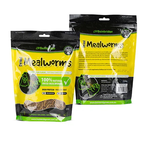 Two packages of dried mealworms with green and black design on a white background
