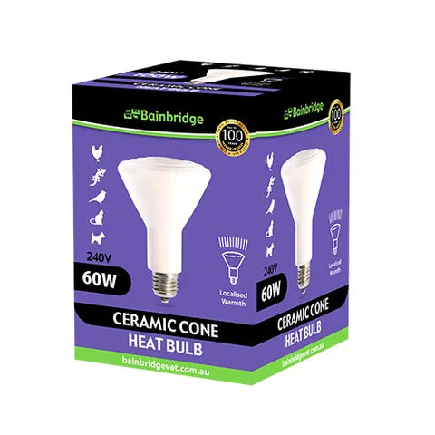 Box of Bainbridge Ceramic Cone Heat Bulb with product images and specifications on a white background