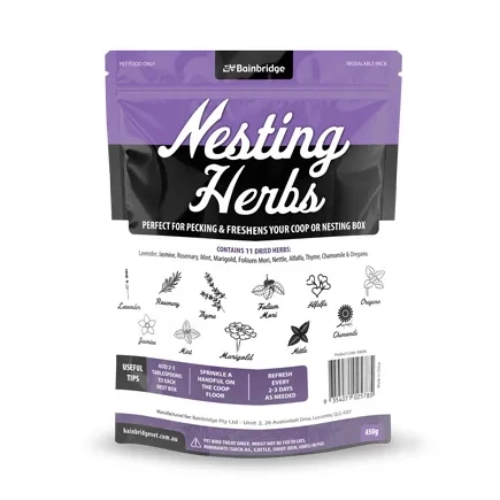 Nesting Herbs packaging with purple and black design on a white background