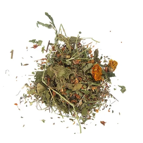 Heap of dried herbs and flowers on a white background
