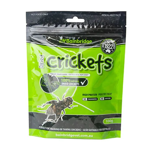 Green package of dried crickets with Bainbridge logo on a white background