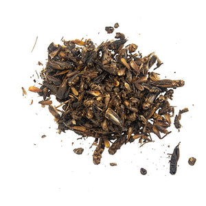 Heap of dried crickets for feeding chickens on a white background