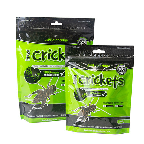 Two packages of Bainbridge Dried Crickets on a white background