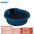 Blue water trough with pricing and deal information on a white background