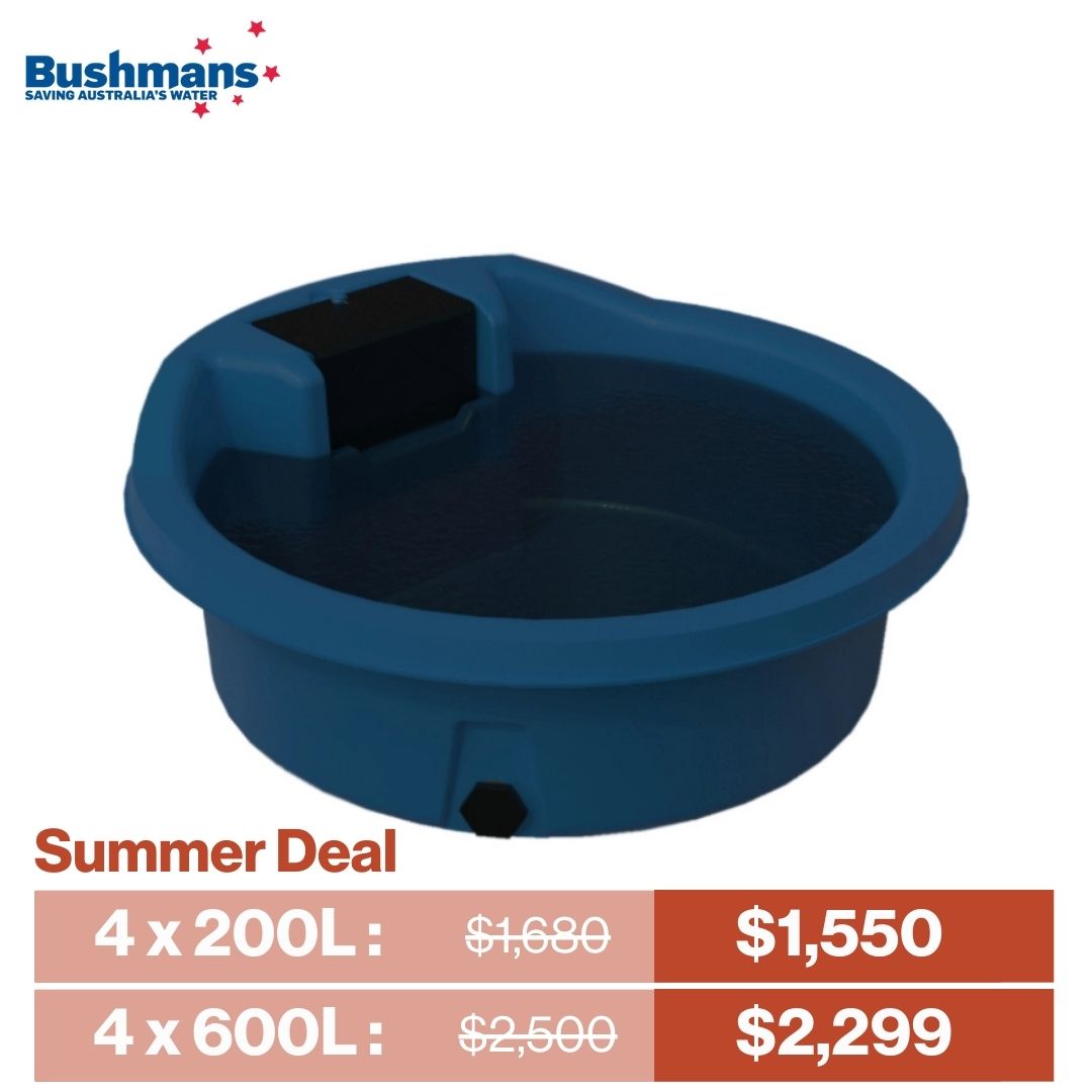 Blue water trough with pricing and deal information on a white background