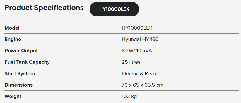 10KVA Hyundai Petrol Generator Power Genelite   