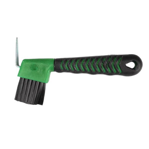 A Hoof Pick with a brush on it in Green and Black