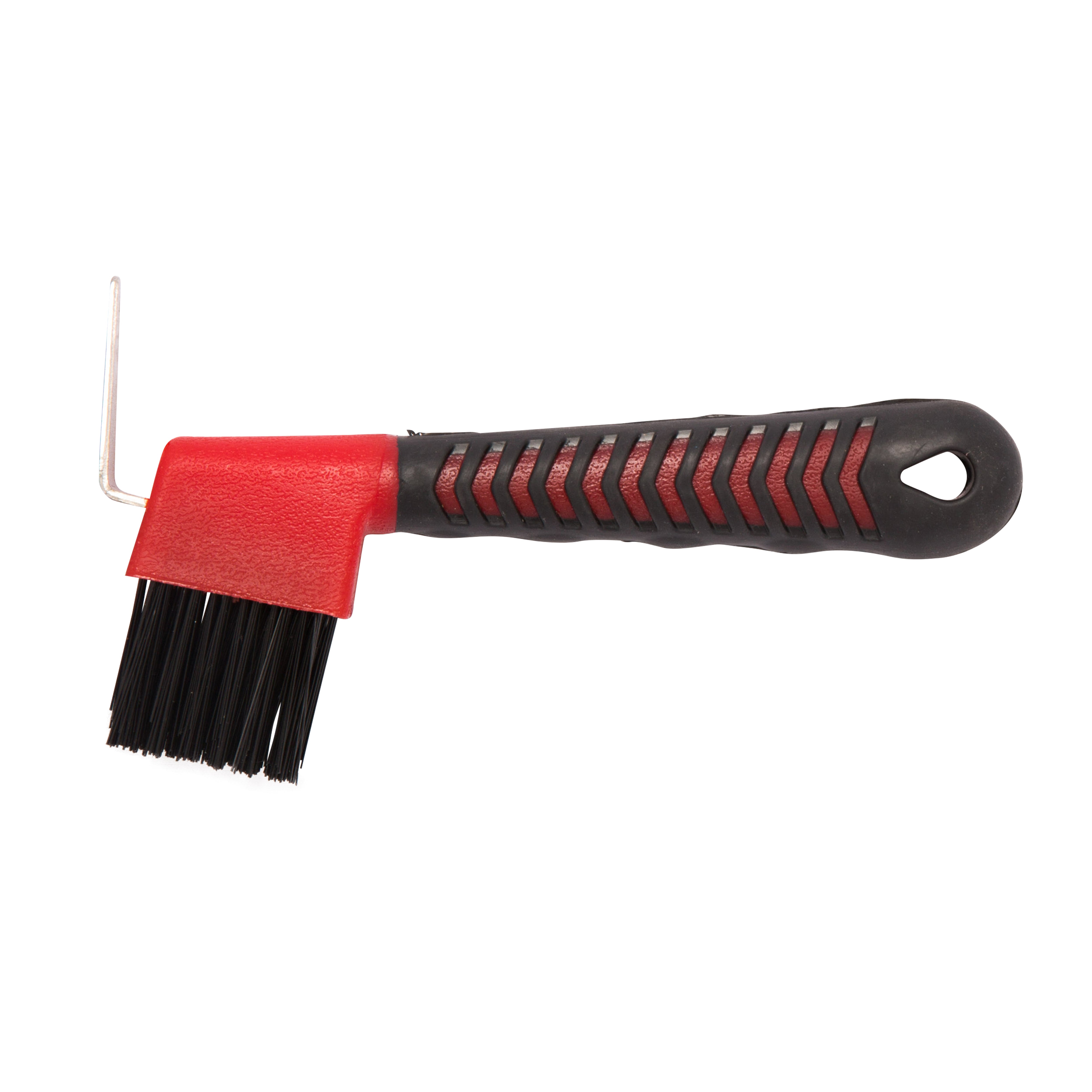 A Hoof Pick with a brush on it in Red and Black