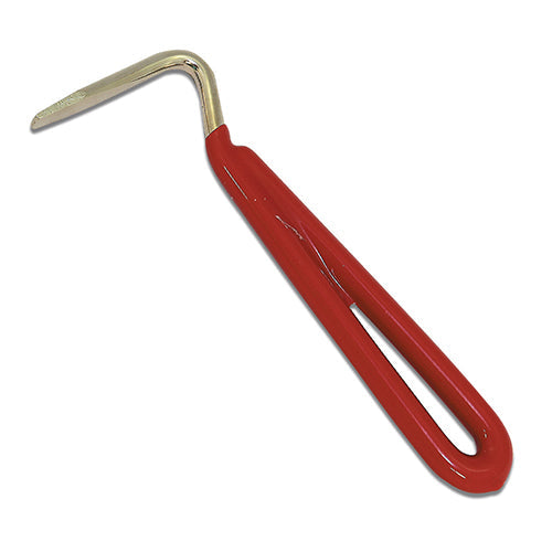 Metal hoof pick with red handle on a white background