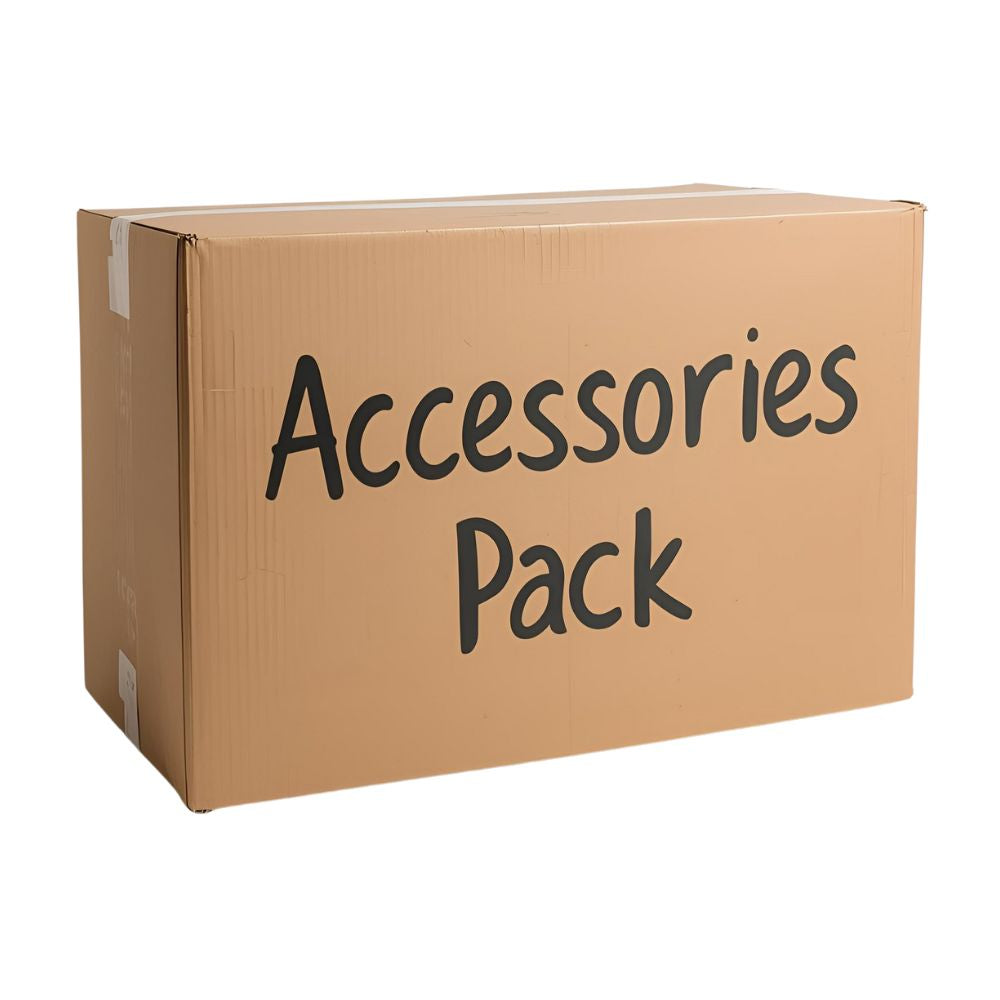 Cardboard box labeled 'Accessories Pack' on a white background