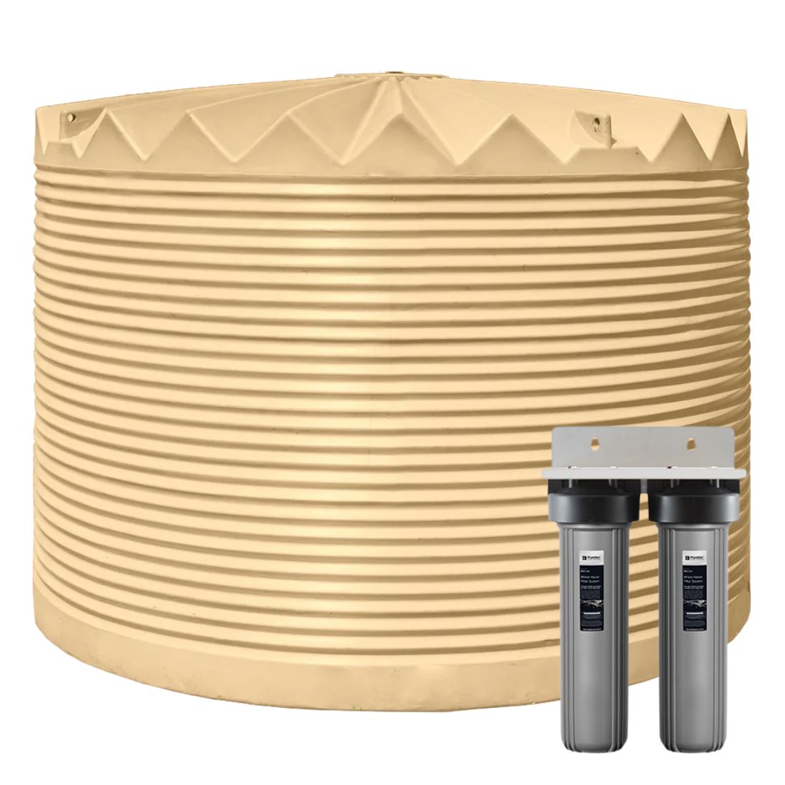 Beige water storage tank with a gray double water filter on a white background