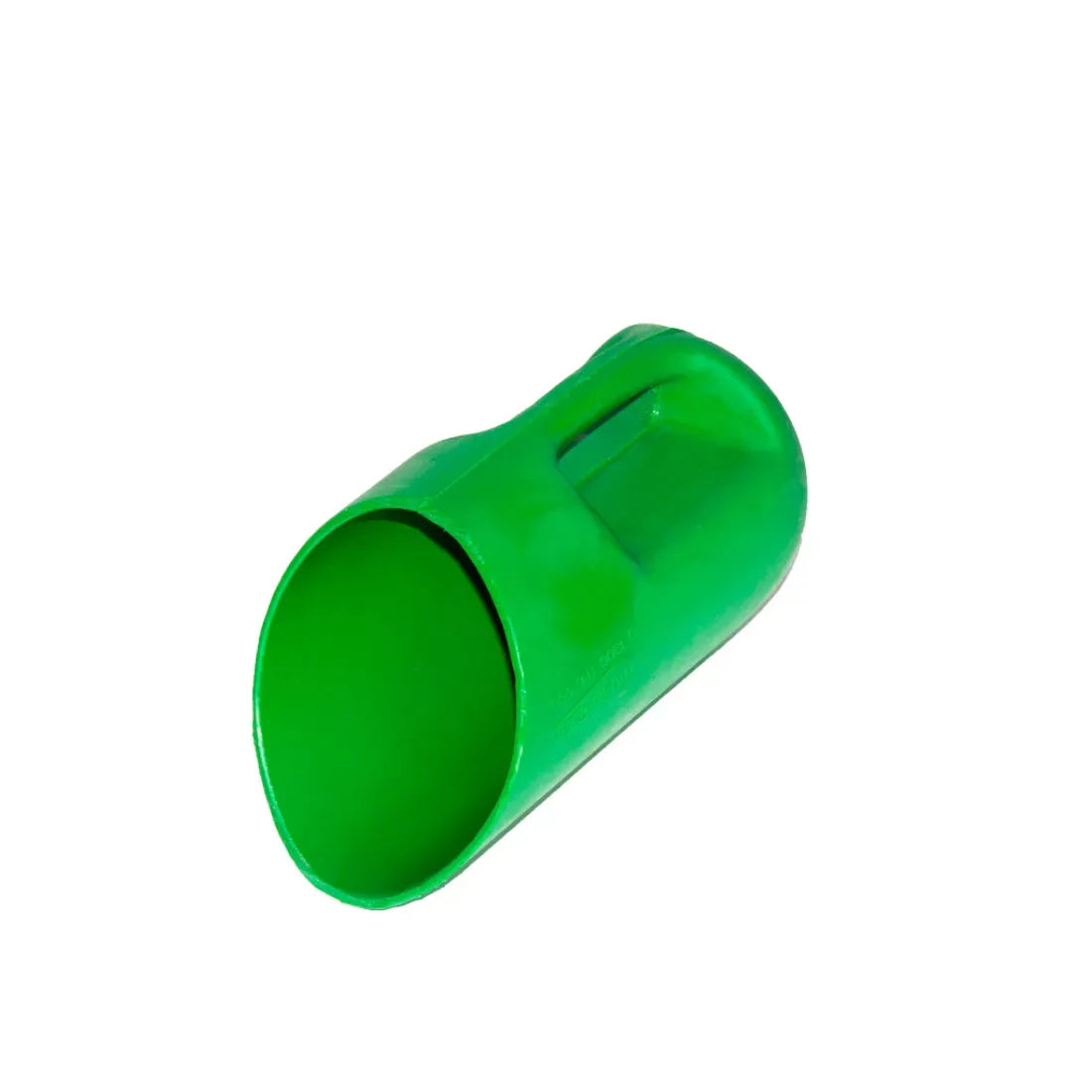 Green plastic feed scoop on a white background
