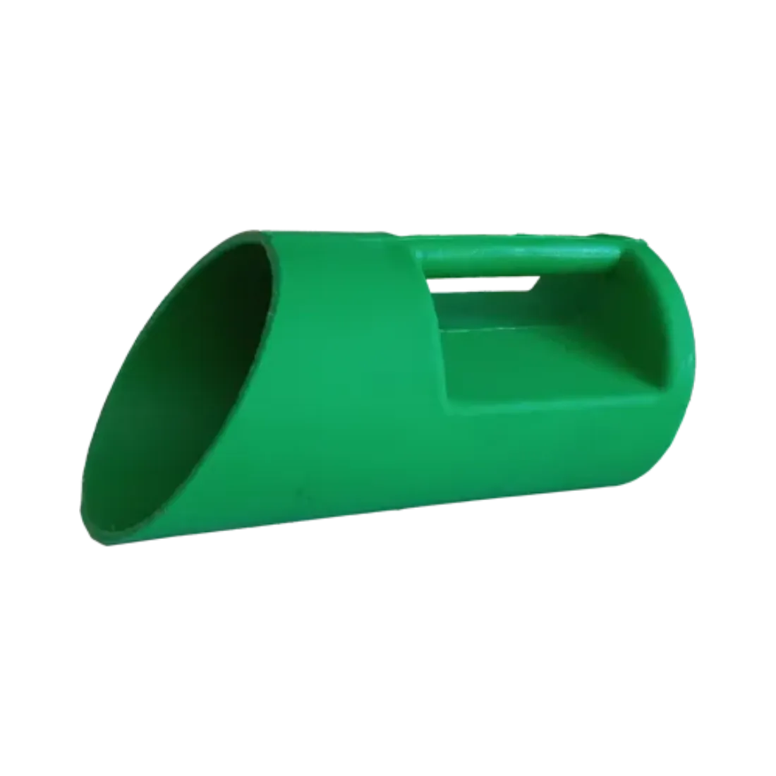 Green plastic feed scoop on a white background