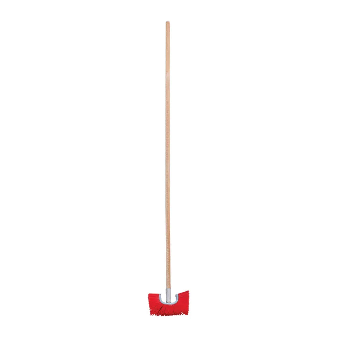 Red broom with a wooden handle on a white background