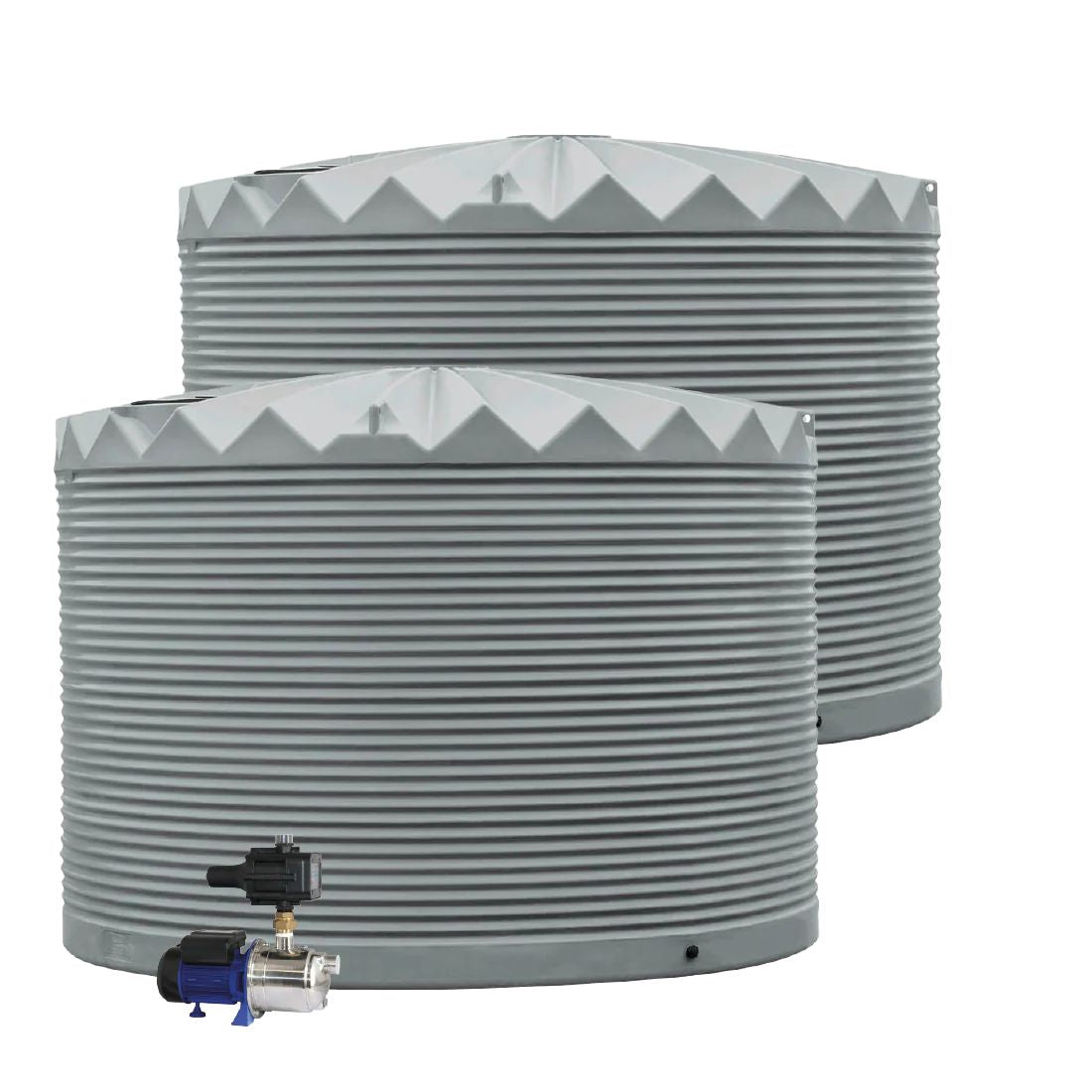 Two gray corrugated water tanks with a white background