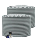 Two gray corrugated water tanks with a white background