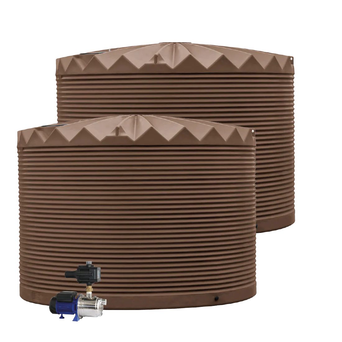 Two brown corrugated water storage tanks with a valve on a white background