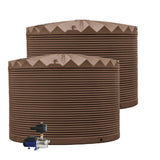 Two brown corrugated water storage tanks with a valve on a white background
