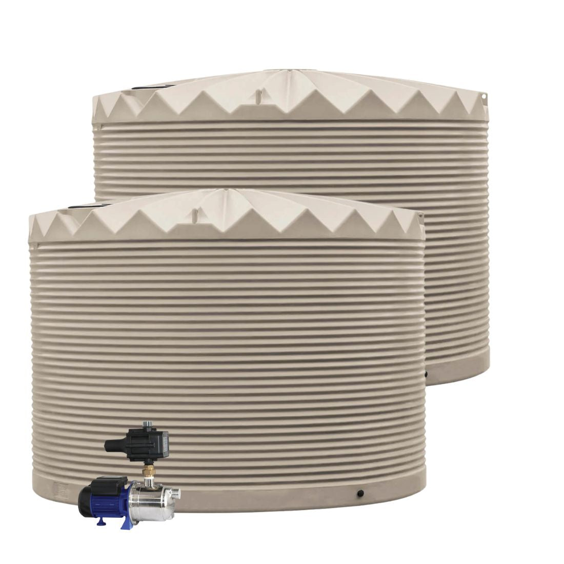 Two water storage tanks with a pump on a white background