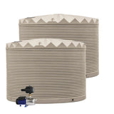 Two water storage tanks with a pump on a white background