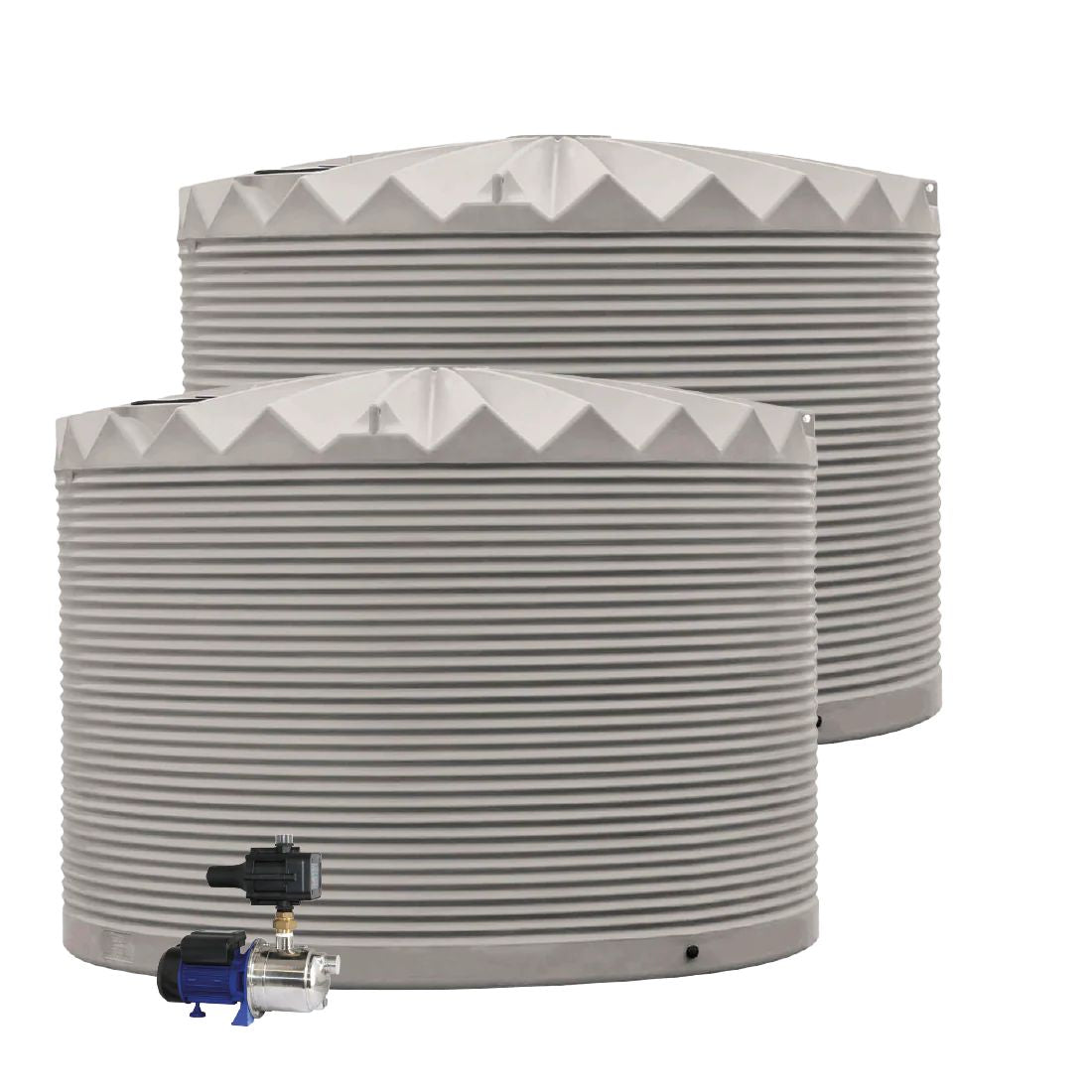 Two water storage tanks with a pump on a white background