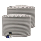 Two water storage tanks with a pump on a white background