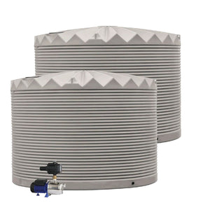 Two water storage tanks with a pump on a white background