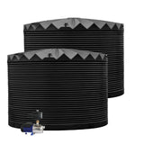 Two black corrugated plastic water storage tanks with a pump on a white background