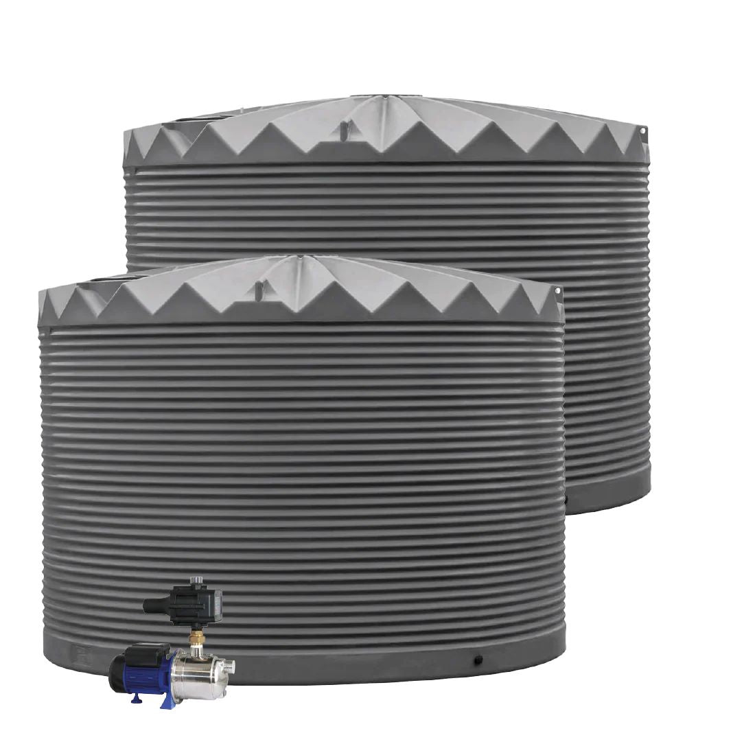 Two water storage tanks with a pump on a white background