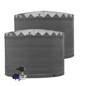 Two water storage tanks with a pump on a white background