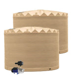 Two beige water storage tanks with a pump on a white background