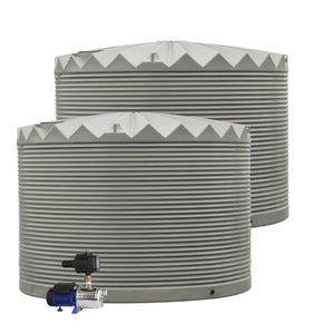 Two large cylindrical water tanks with a pump attached on a white background
