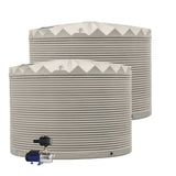 Two water storage tanks with a pump on a white background