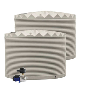 Two water storage tanks with a pump on a white background
