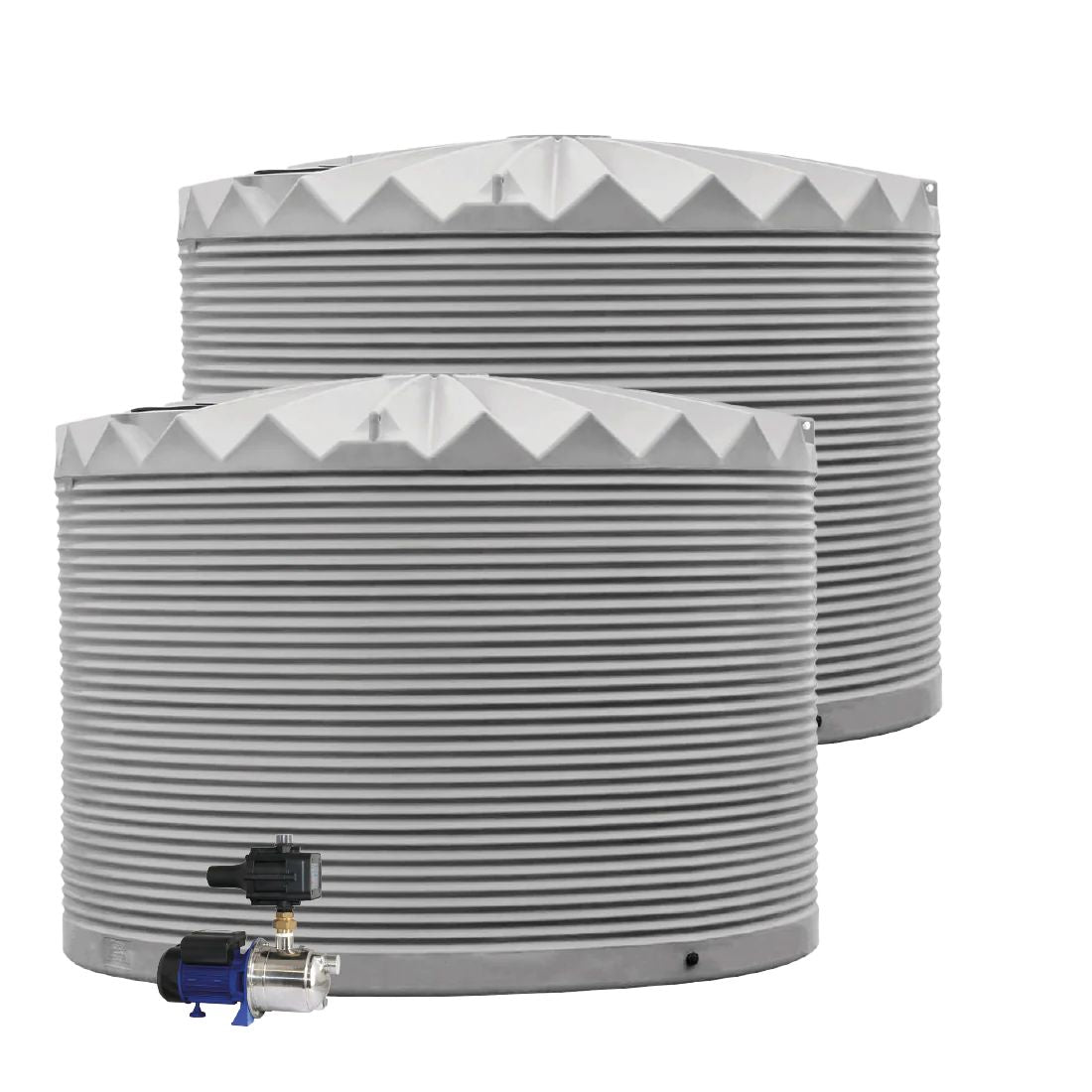 Two water storage tanks with a pump on a white background