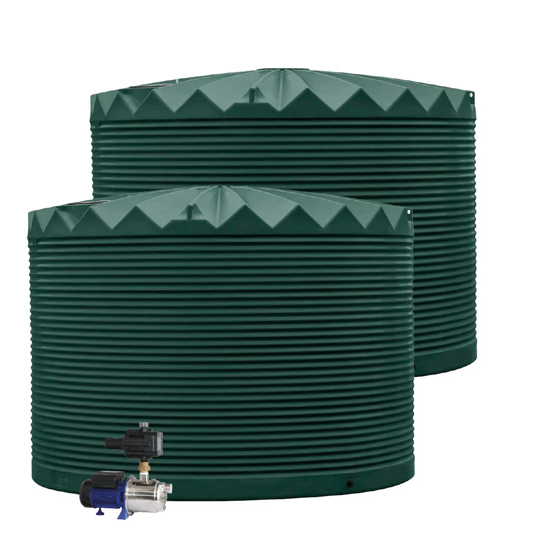 Two water storage tanks with a pump on a white background