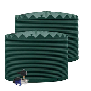 Two water storage tanks with a pump on a white background