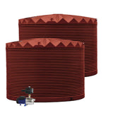 Two red water storage tanks with a pump on a white background