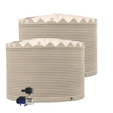 Two beige water storage tanks with a pump on a white background