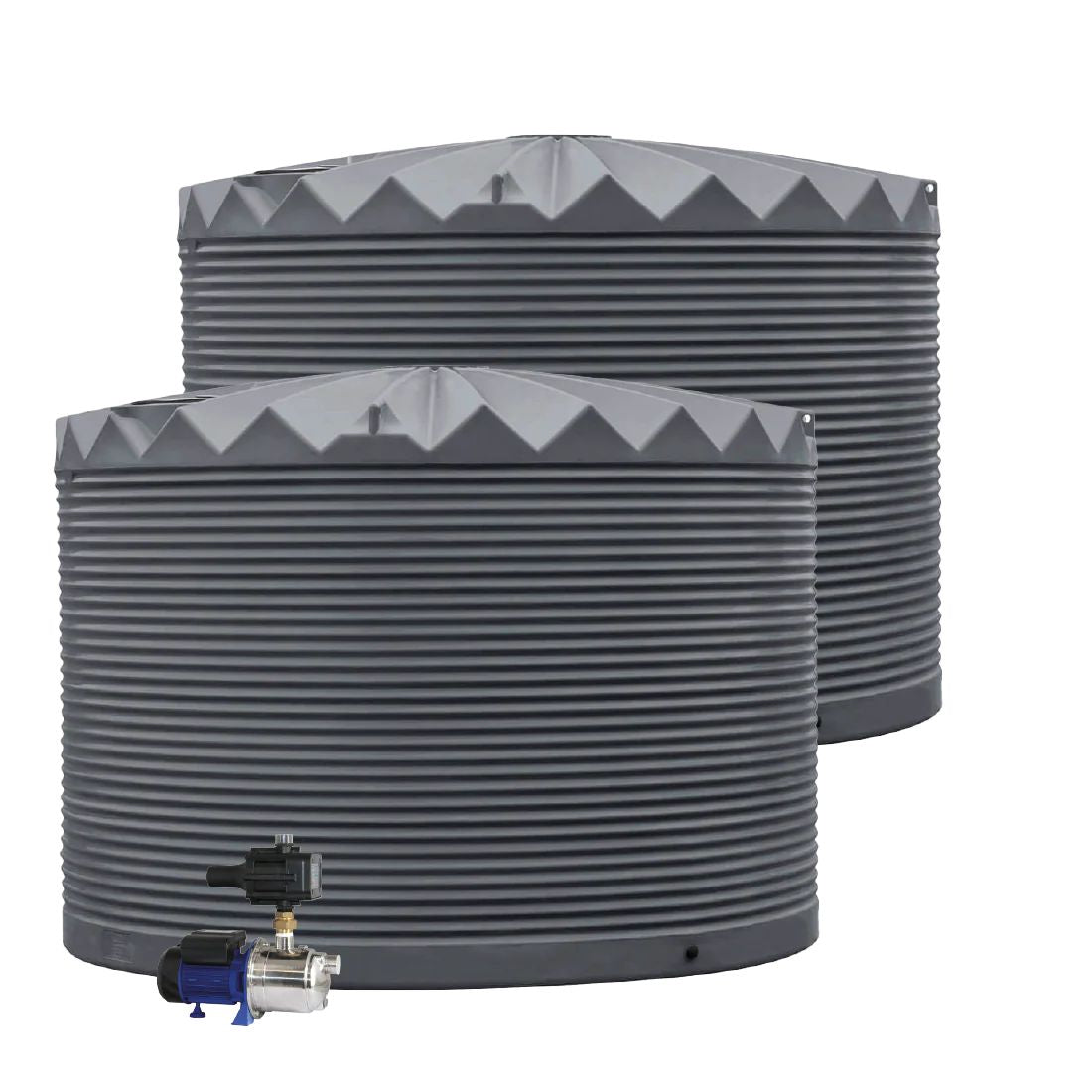 Two water storage tanks with a pump on a white background