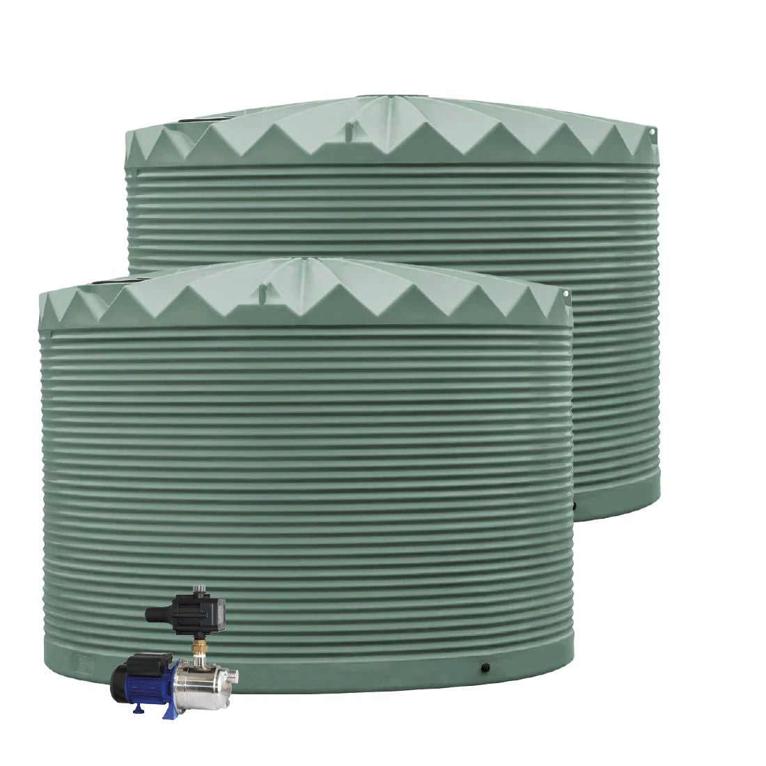 Two water storage tanks with a pump on a white background
