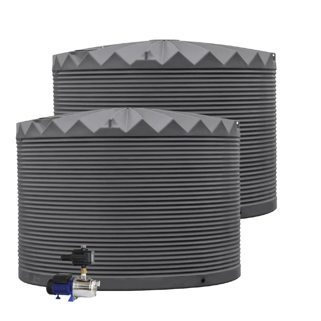 Two gray water storage tanks with a white background