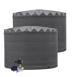 Two gray water storage tanks with a white background