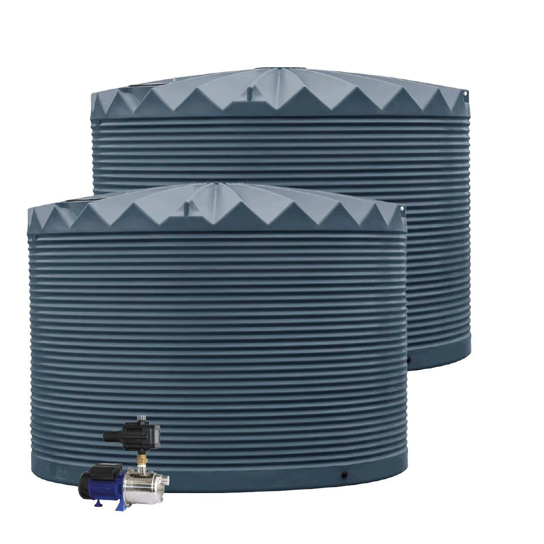 Two water storage tanks with a pump on a white background