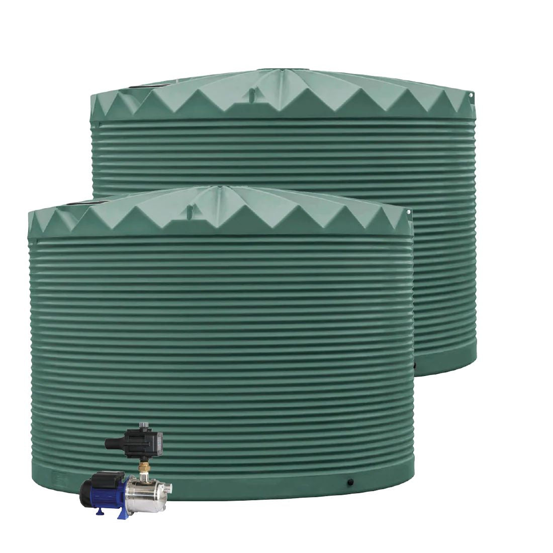 Two water storage tanks with a valve on a white background