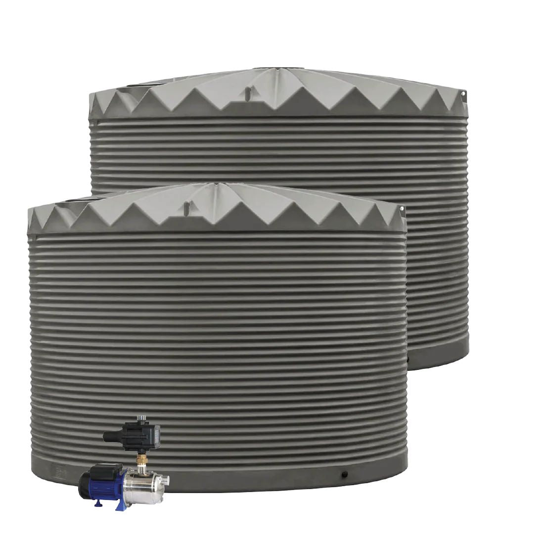Two gray water tanks with a white background