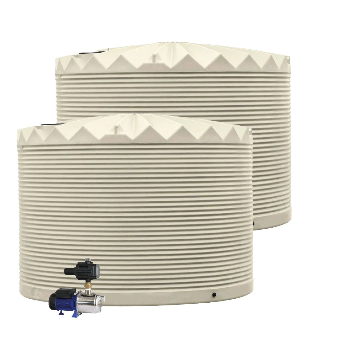 Two cylindrical water tanks with a pump on a white background