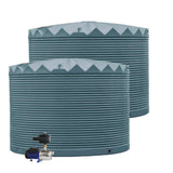 Two blue metal water tanks with a pump on a white background